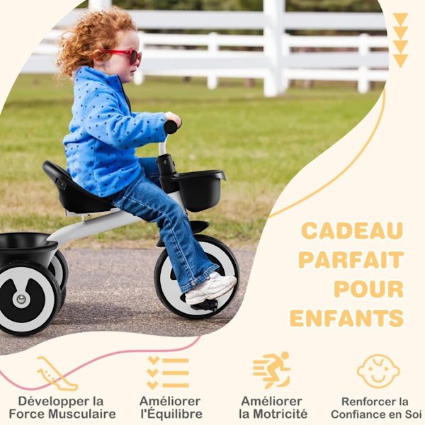 COSTWAY Tricycle til Børn med Pedal, Justerbart Sæde, Opbevaringskurve, Robust Kulstofstål, 4 EVA Hjul, 1,5 til 5 År Hvid