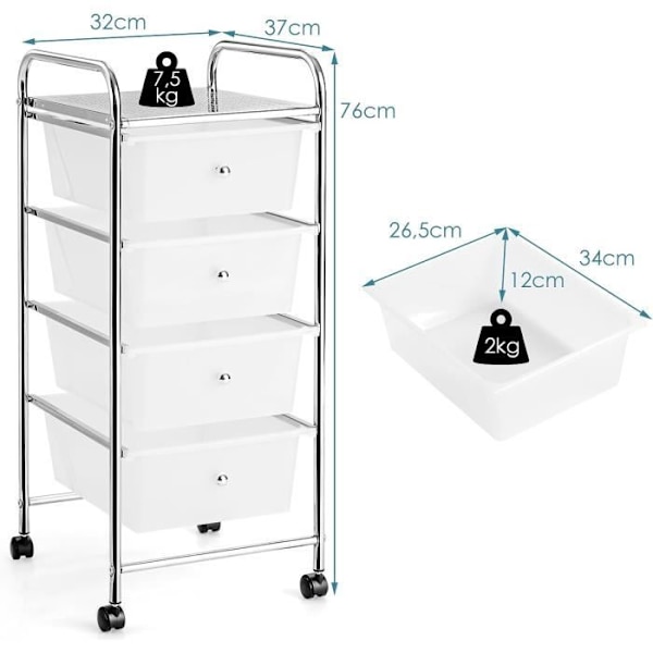 Förvaringsvagn - COSTWAY - 4 Lådor - Transparent Metallram Transparent