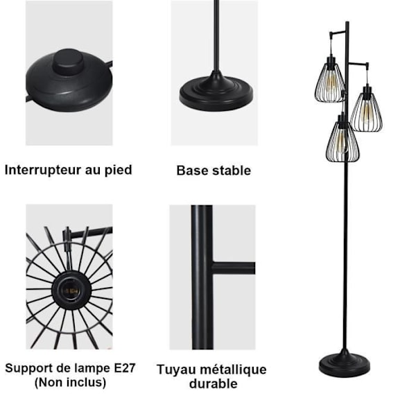 Industriell golvlampa i metall 168CM COSTWAY-3 Diamantformade lampskärmar-Fotkontakt-E27 3 färger (glödlampa ingår ej)