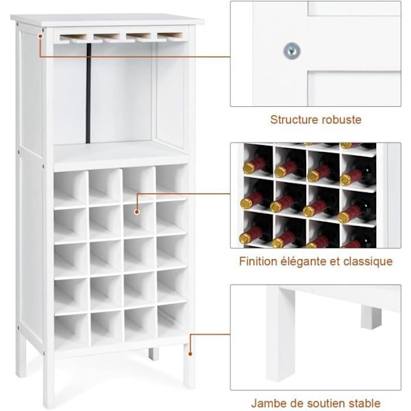 COSTWAY Pine Wine Flaskeholder Kapacitet 20 flasker og kopholder, 42x24,5x96 cm til kælder, køkken, stue, hvid Vit