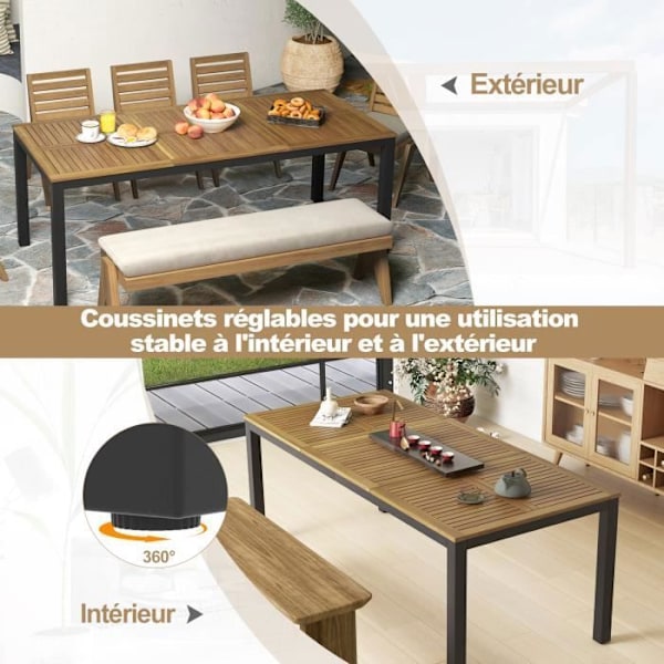 COSTWAY FSC Akasiapuu ulko dining -pöytä - 8 henkilöä, aurinkovarjon reikä, säädettävät jalat - 200 x 90 x 75 cm