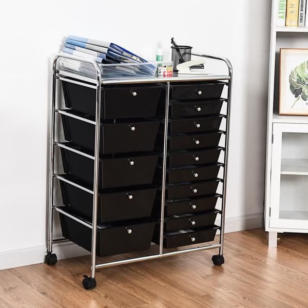 Opbevaringsvogn - 15 Skuffer - Krommet Metal - Sort - 62,5x37x87CM Sort