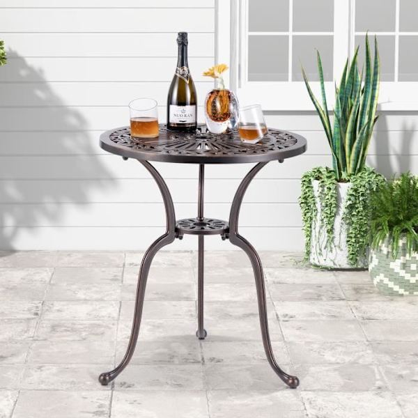 COSTWAY rundt havebord 61 CM i støbt aluminium, sidebord med paraplyhul, justerbare fødder Röd koppar