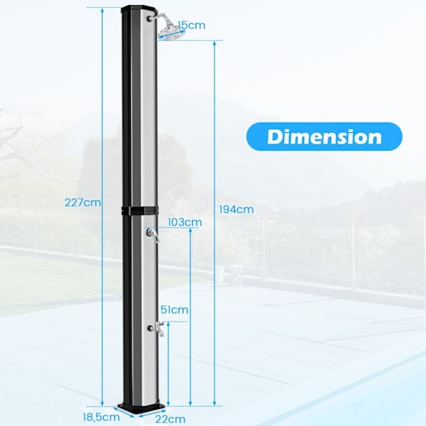 COSTWAY 60L aurinkosuihku ulkona - 227cm - Kääntyvä suihkupää - Matalalämpötilahana Max 60 ℃ - Suojakansi Musta + hopea