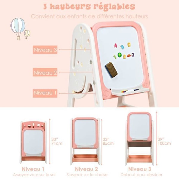 COSTWAY 2 i 1 magnetisk børnetavle, med stol, opbevaringshylde, 1 viskelæder, 4 markører, orange magnetsæt vitt och rosa