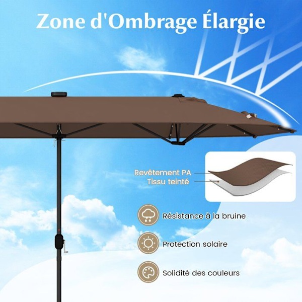 COSTWAY Parasol Dobbelthave XXL 400 x 200 x 240 cm - 36 LED Lys - Base Inkluderet - 12 Spidser - Rektangulær Brun