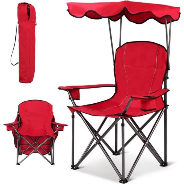 COSTWAY hopfällbar campingstol med armstöd, solskydd, mugghållare Last120KG Campingstol för strandfiske Röd