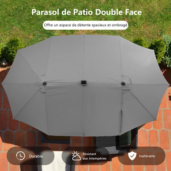 Dobbelt XXL Haveparasol 48 LED - COSTWAY - 470 x 280 x 246 cm - Base og Sandpose - Solpanel - Rektangulær Grå