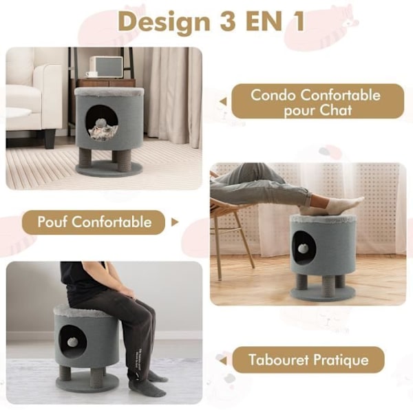 COSTWAY Cat Tree 47 CM, asunto ja raaputustolpat, kuorma 60 kg, leikkitorni kissoille pehmopallolla, harmaa