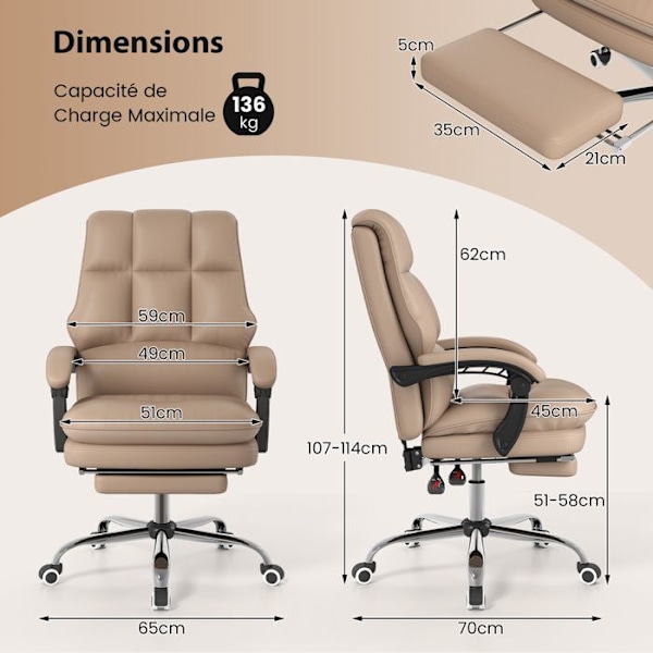 Ergonomisk Kontorsstol - COSTWAY - Justerbar Sits 51-58 cm - Lutad Ryggstöd - Fällbara Armstöd Brun