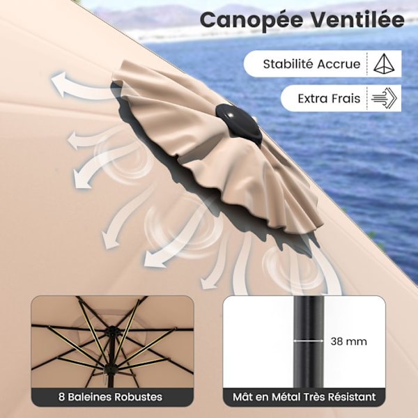 Parasol Déporté 35°270 CM - COSTWAY - UV Beskyttelse 30+ Knap-tilt - 8 Spiler til Have Patio, Strand Brun