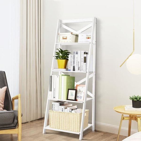 Træhyldestige Moderne biblioteksstige med 4 hylder til planter, bøger 50,7x46x1x142,5 cm hvid