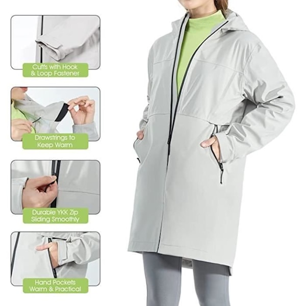 COSTWAY Trenchcoat dam regnjacka med huva, vattentät vindtät nylon utomhusjacka för resor Grå Grå M