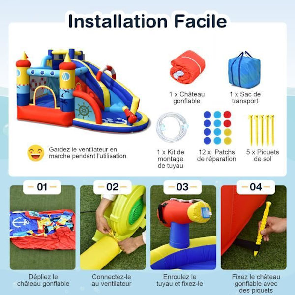 COSTWAY Vandret Inflatable 6 i 1 med Buet Rutschebane, Sprøjtende Pool, Målspil og Vandkanon uden Pumpe til Børn Blå, gul och röd