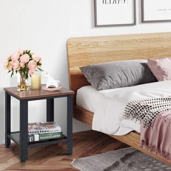 Industriel Natbord Sidetable Sofa Slutbord med 2 Lag i Træ og Sort Jern 40 x 40 x 45,5CM Svart