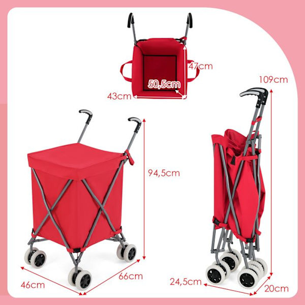 COSTWAY-90 L Sammenfoldelig Indkøbskurv-360° Bremsning og Styring-Oxford Taske-Vandtæt-Stålramme-54kg Kapacitet-Rød Grå Rosa Röd