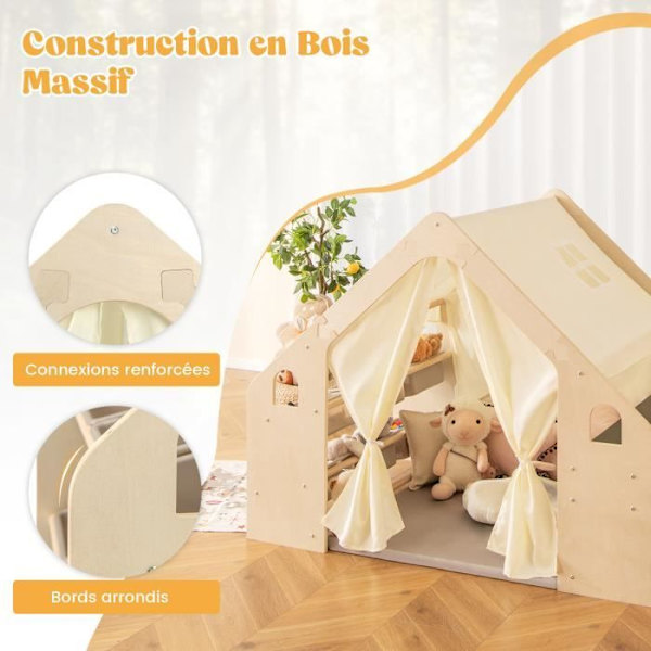 Børnetelt COSTWAY - Massivt Træramme - Multifunktionelt Bord - Stol - Opbevaringskasser - Tykt Tæppe - 145 x 98 x 113 cm Naturlig