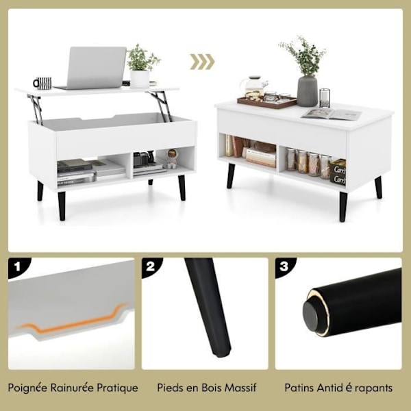 COSTWAY Sofabord med Lift Top Moderne stuebord med skjult opbevaring 2 åbne rum 80x40x44,5-58CM Hvid Vit