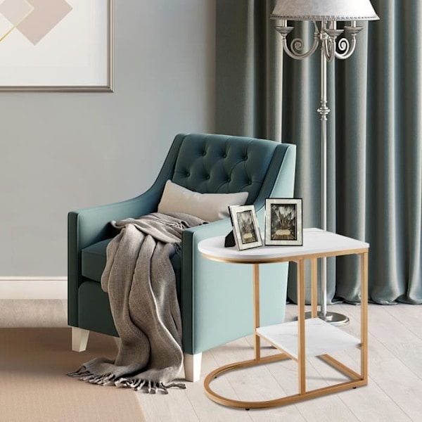 COSTWAY Side Table Marmorering med 2 Niveauer Guldbelagt Stål Sofa i Moderne Skandinavisk Stil