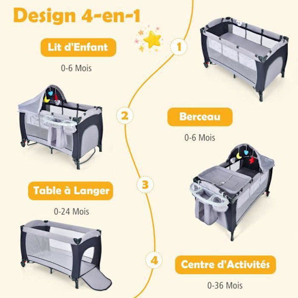 COSTWAY hopfällbar babyparaplysäng 4 i 1 vagga/skötbord Lekhage lutningsfunktion med madrass, Play Arch Bag grå Grå