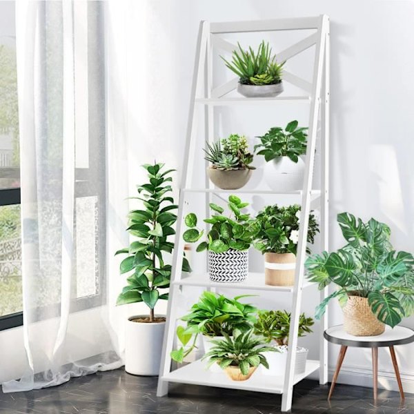 Træhyldestige Moderne biblioteksstige med 4 hylder til planter, bøger 50,7x46x1x142,5 cm hvid