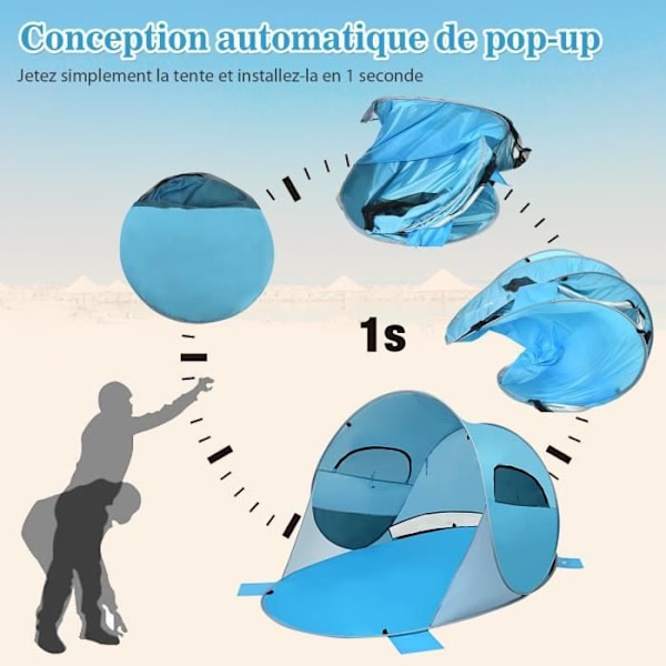 COSTWAY Instant Automaattinen kokoontaittuva pop-up-rantateltta 3-4 hengelle UV-suoja 8 sardiinilla 4 ankkuriköyttä sinistä Blå
