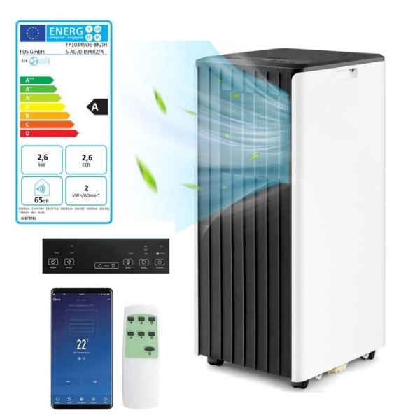 COSTWAY Mobil luftkonditionering 9000BTU 2,64kW R290 APP Klass A Tyst 5 i 1 avfuktare, viloläge, 24h timer LED-skärm Vit + Svart