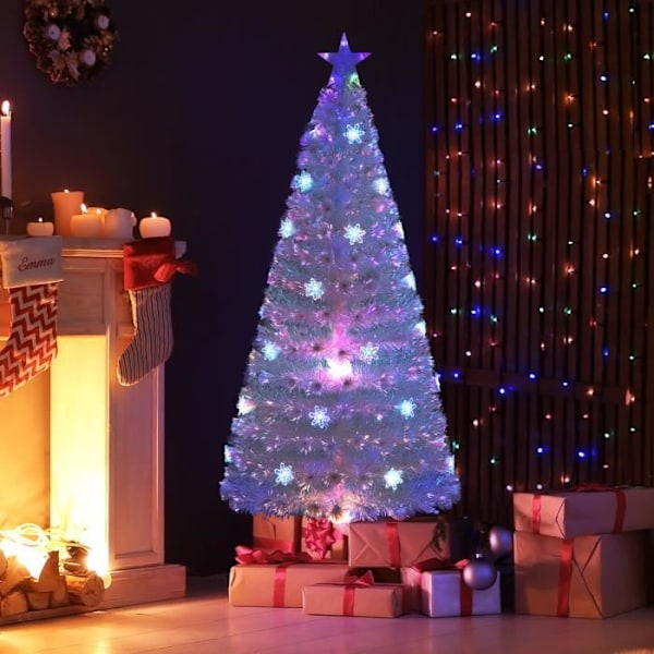 COSTWAY Vit LED Fiberoptisk Julgran 180cm - Skimrande snöflingor - 30 flerfärgade lampor - Stjärndekoration