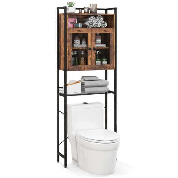 COSTWAY Toalettenhet över toaletten, Stålram, 2-dörrars skåp, industriell stil, 24 x 60 x 172 cm, Brun