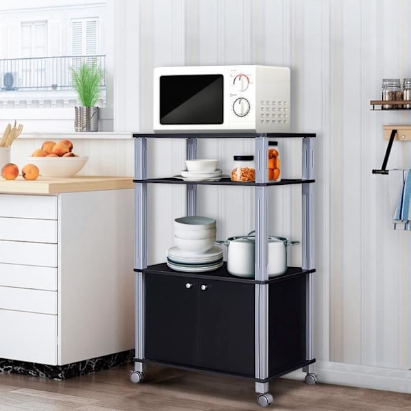 Mikroaaltouunikaappi keittiön hylly puuuunille 3 kerroksisella pyörällä 60 x 40 x 98 CM musta