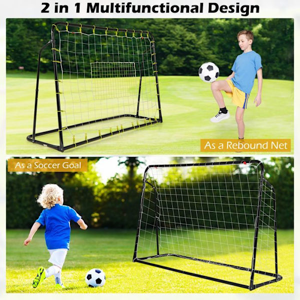 COSTWAY Kids Football Rebound Net-2 in 1-187 x 60 x 122,5 cm-5 kulmat säädettävät-metallirunko-jalkapalloharjoittelu-musta