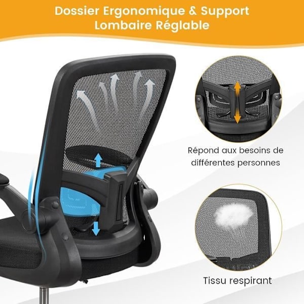 COSTWAY Ergonomisk mesh-lænestol på hjul, sammenklappelige armlæn med fodstøttering, højdejusterbar sort