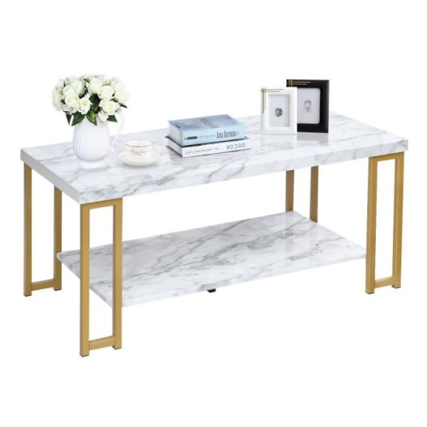 COSTWAY 2-vånings soffbord med marmortryck med 4 guldmetallben, skandinaviskt vardagsrumsbord för kontorsmottagning