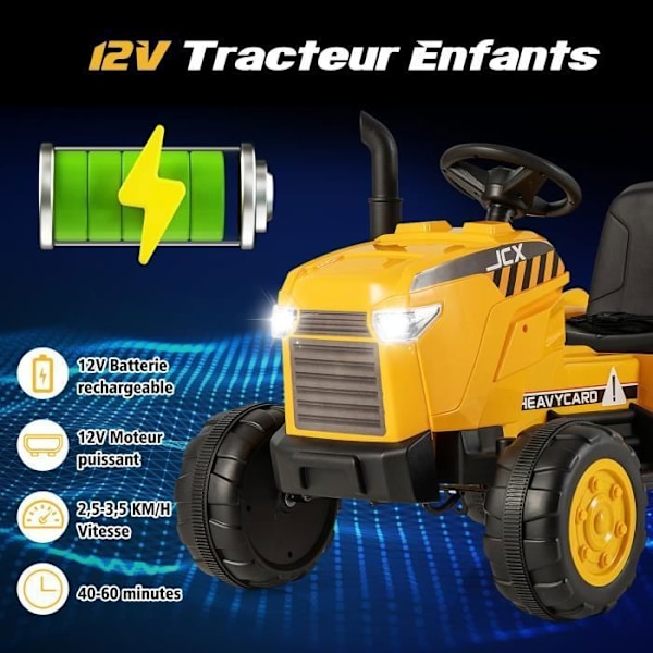 COSTWAY Eltraktor 12V 7AH - 2,4G Fjärrkontroll, Fjädrar, LED, Horn, Mjukstart, 3 - 8 År, Gul