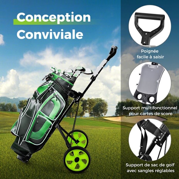 COSTWAY Fällbar Golfvagn - 2 EVA-hjul - Platser för 4 tees och 4 bollar - Poängtavla - Stålram - Justerbar rem - Grön