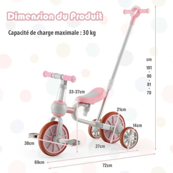 COSTWAY 5-i-1 evolutionär trehjuling med putter för barn 2-4 år, avtagbar pedal och bakhjul, justerbart säte och handtag rosa