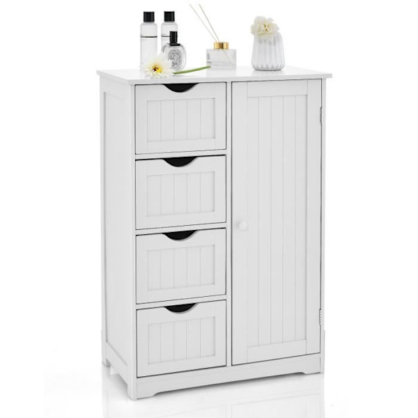 COSTWAY Badeværelsesmøbel i træ med 4 skuffer og 1 skab, justerbar hylde, til stue, soveværelse, 56 x 30 x 82 cm, hvid Vit