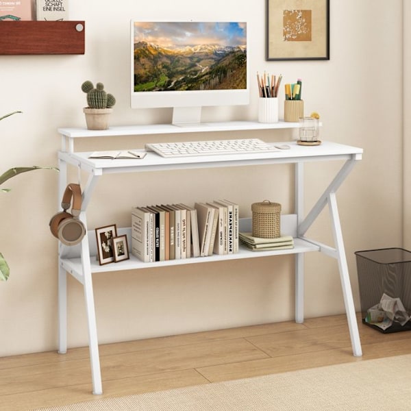 COSTWAY Litet Kompakt Skrivbord med Monitorställ - Hängande Krok - Förvaringshylla för Arbete, Studier 100 x 48 x 81,5cm