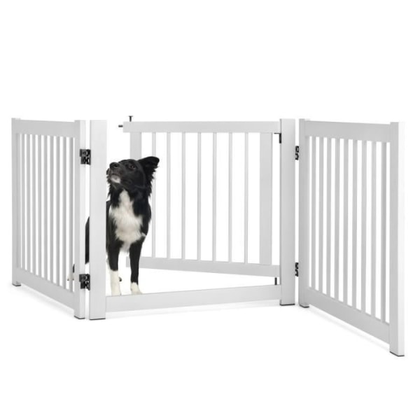COSTWAY hopfällbar husdjursskyddsbarriär i furu med 3 paneler, 210 x 61 CM, modulär hundbarriär med dörr