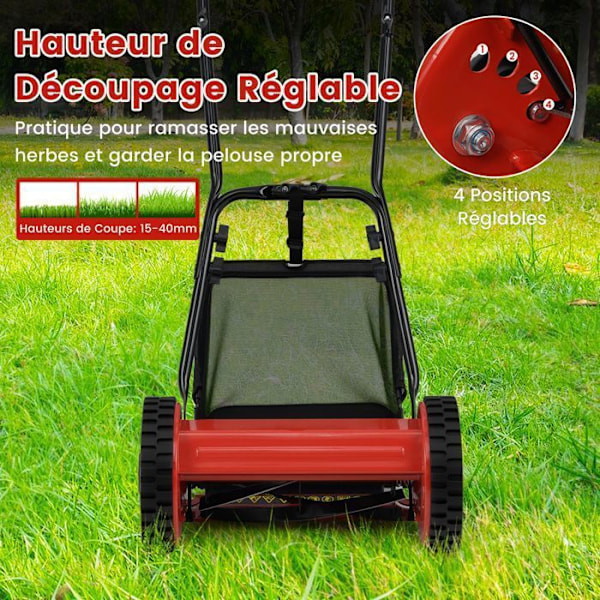 Manuell gräsklippare COSTWAY - Klippbredd 30 cm - Klipphöjd 15 till 40 MM - Fack 18,5 L - 2 halkfria hjul - Röd