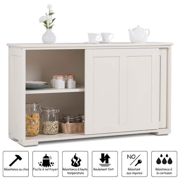 Contemporary Low Sideboard - Sideboard - Glansigt Vitlackerad - Skjutdörrar - 2 MDF-hyllor Beige