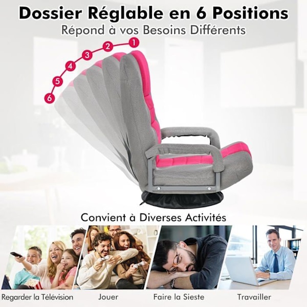 COSTWAY Foldseng - Justerbar ryg i 6 positioner - 360° drejelig base Metalramme Max belastning 150 KG, Rosa rosa och grå