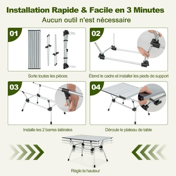 COSTWAY Fällbart campingbord i aluminium för 4-6 personer Last 50 KG Roll-up spaltbricka och bärväska Silver