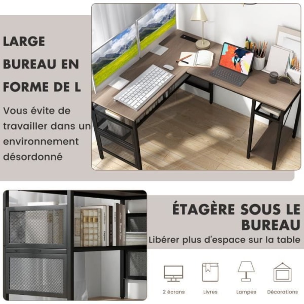 COSTWAY vändbart hörnskrivbord med förvaringshyllor i mesh, CPU-stöd, 140-120 x 50 x 74 cm