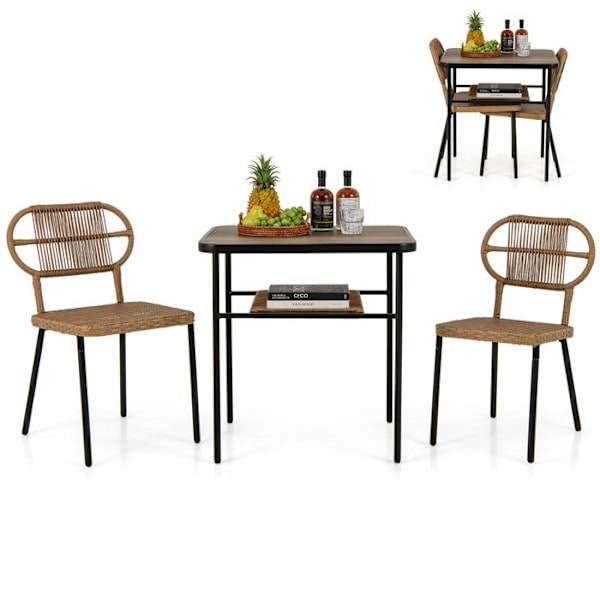 COSTWAY Ensemble 3 PCS Havemøbel med 2 Stole i Rattan, Stabelbare Stole i Forskellige Størrelser, til Indendørs og Udendørs Brug Naturlig