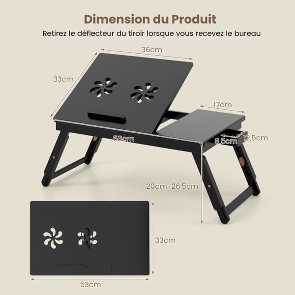 COSTWAY bærbart oversengsbord til pc og tablet termisk design, foldbart og vippebord med lille skuffe, brun