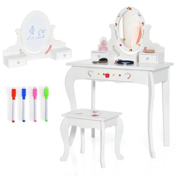 COSTWAY Sminkbord för barn - Pall, 360° roterande spegel - White Board på baksidan - Sminkbord - 3 lådor, 4 markörer