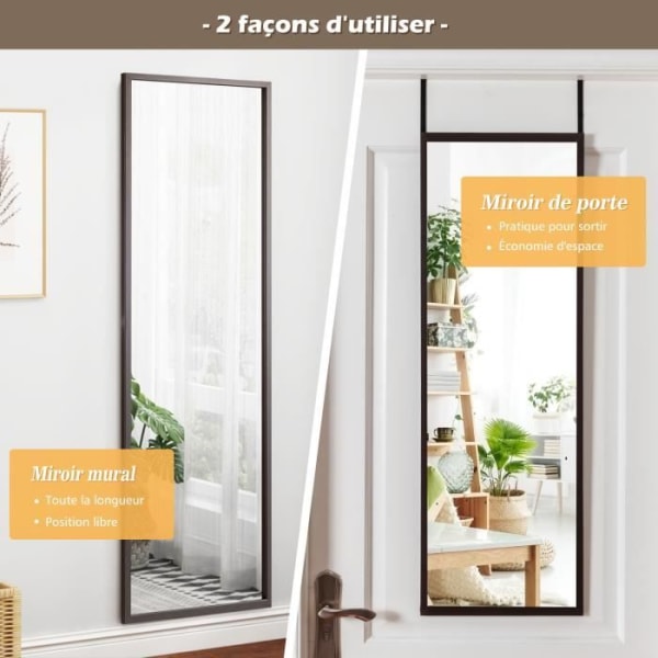COSTWAY Väggspegel, HD hängande dörrspegel med höjdjusterbara hängkrokar för sovrum, vardagsrum och entré Brun