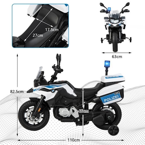 COSTWAY BMW 12V/7AH El-motorcykel til børn, 6km/t politimodel med horn, musik, sirene, forlygter i 3 - 8 år Vitt, svart och blått