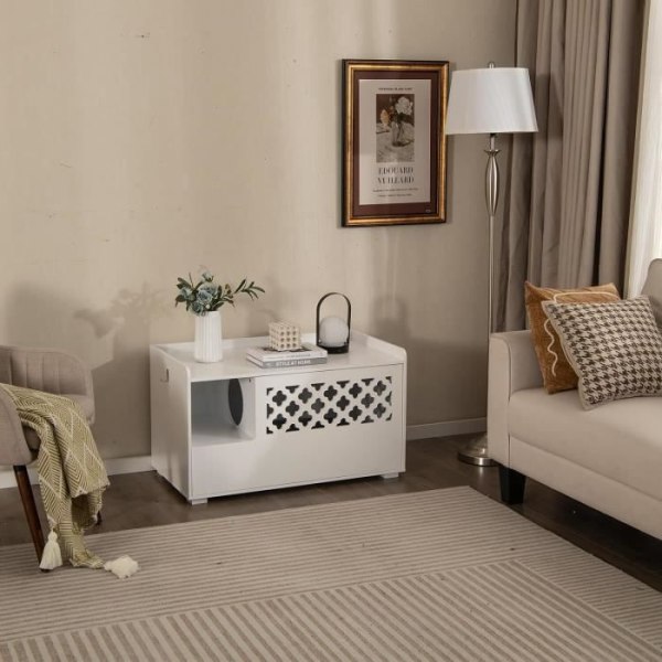 COSTWAY katttoaletthus med avtagbar kudde, kattlåda möbel med sidokrok och vikdörr, vit